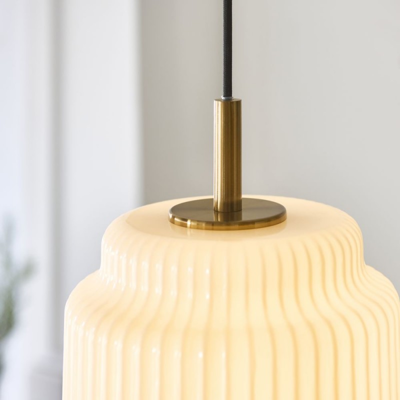 Endon-122054 - Evora - Brushed Aged Brass Pendant with Opal Ribbed Glass ∅ 22 cm