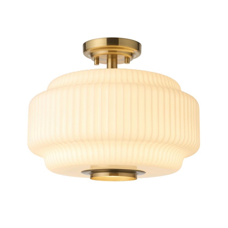 Endon-122078 - Evora - Brushed Aged Brass Semi Flush with Opal Ribbed Glass ∅ 34 cm