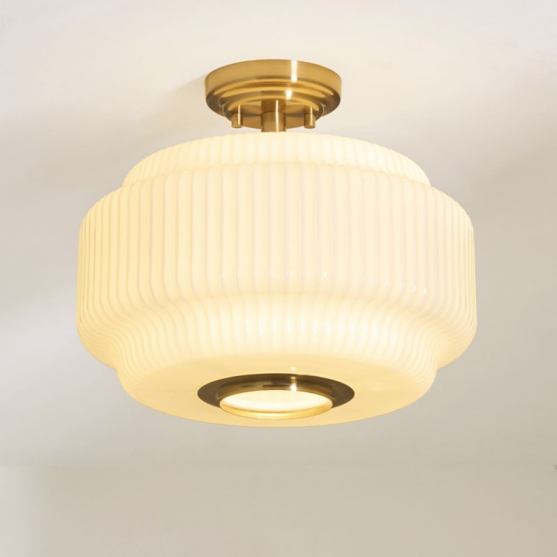 Endon-122078 - Evora - Brushed Aged Brass Semi Flush with Opal Ribbed Glass ∅ 34 cm