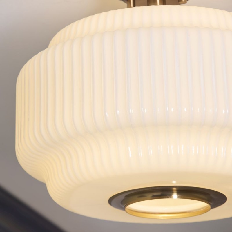 Endon-122078 - Evora - Brushed Aged Brass Semi Flush with Opal Ribbed Glass ∅ 34 cm