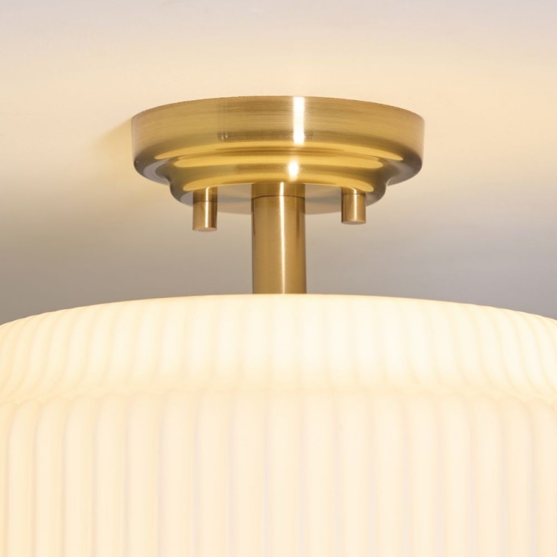 Endon-122078 - Evora - Brushed Aged Brass Semi Flush with Opal Ribbed Glass ∅ 34 cm