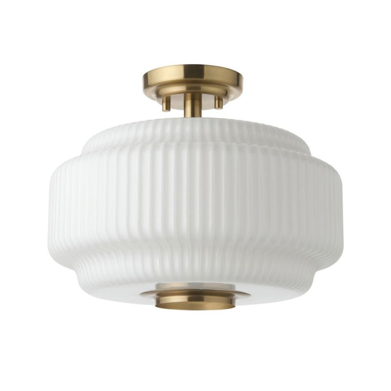 Endon-122078 - Evora - Brushed Aged Brass Semi Flush with Opal Ribbed Glass ∅ 34 cm