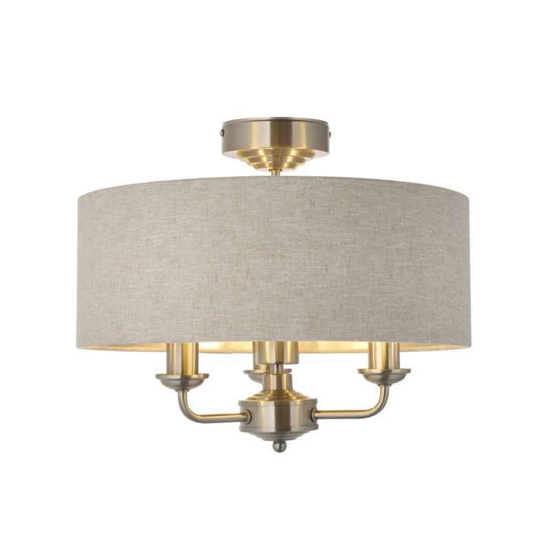 Endon-122080 - Highclere - Brushed Chrome 3 Light Semi Flush with Natural Linen Shade