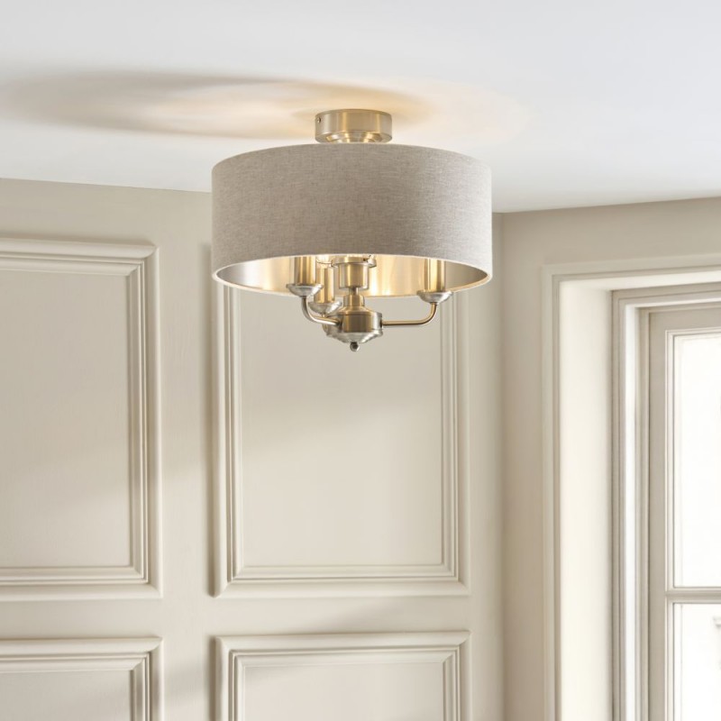 Endon-122080 - Highclere - Brushed Chrome 3 Light Semi Flush with Natural Linen Shade