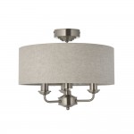 Highclere - Brushed Chrome 3 Light Semi Flush with Natural Linen Shade