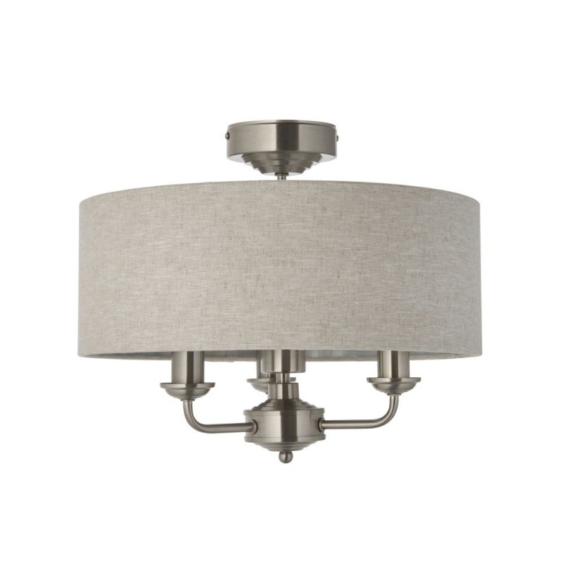 Endon-122080 - Highclere - Brushed Chrome 3 Light Semi Flush with Natural Linen Shade