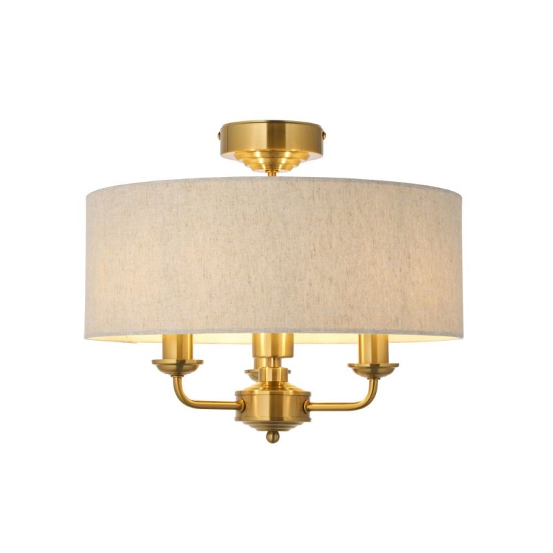 Endon-122081 - Highclere - Vintage Brass 3 Light Semi Flush with Natural Linen Shade