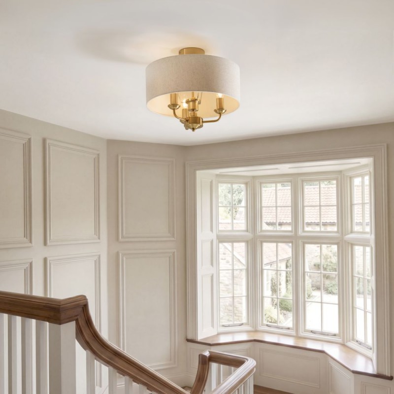 Endon-122081 - Highclere - Vintage Brass 3 Light Semi Flush with Natural Linen Shade