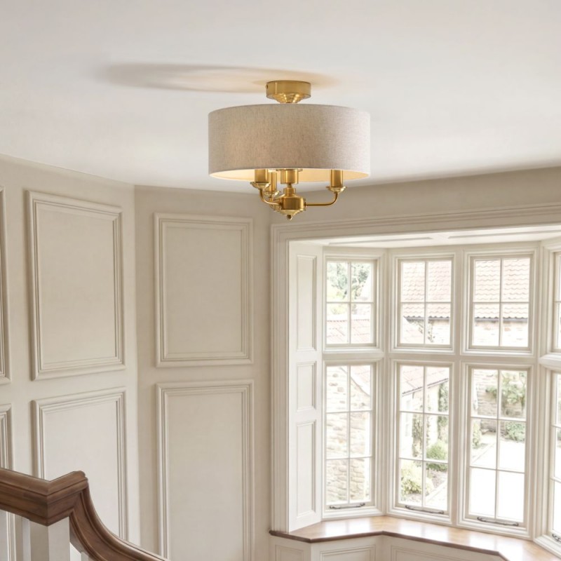 Endon-122081 - Highclere - Vintage Brass 3 Light Semi Flush with Natural Linen Shade