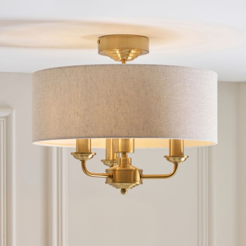 Endon-122081 - Highclere - Vintage Brass 3 Light Semi Flush with Natural Linen Shade