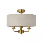 Highclere - Vintage Brass 3 Light Semi Flush with Natural Linen Shade