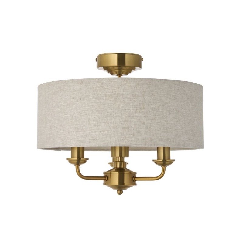 Endon-122081 - Highclere - Vintage Brass 3 Light Semi Flush with Natural Linen Shade