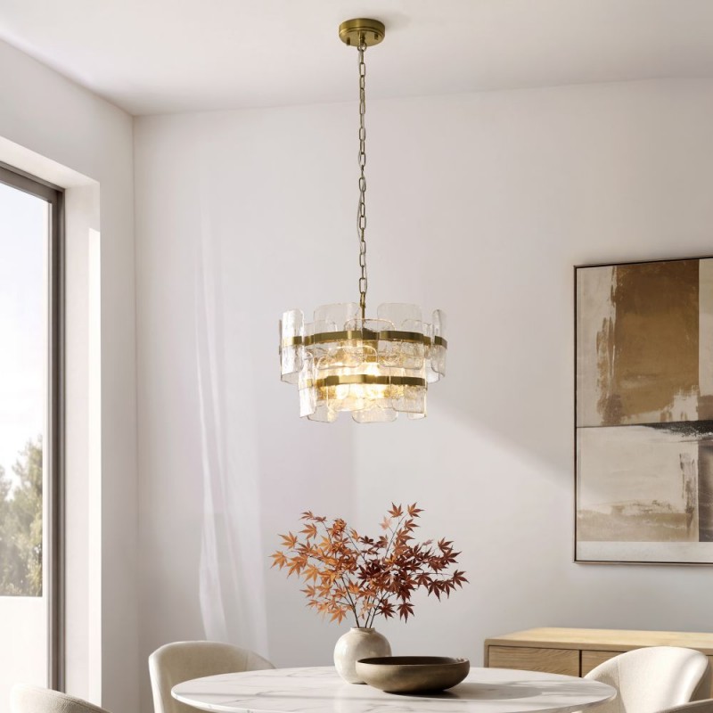 Endon-122765 - Ancara - Brushed Aged Brass 3 Light Centre Fitting with Clear Textured Glass