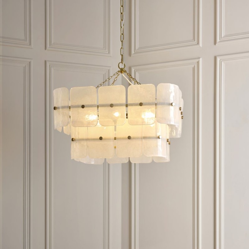 Endon-122774 - Venice - Brushed Aged Brass 6 Light Centre Fitting with White Textured Glass