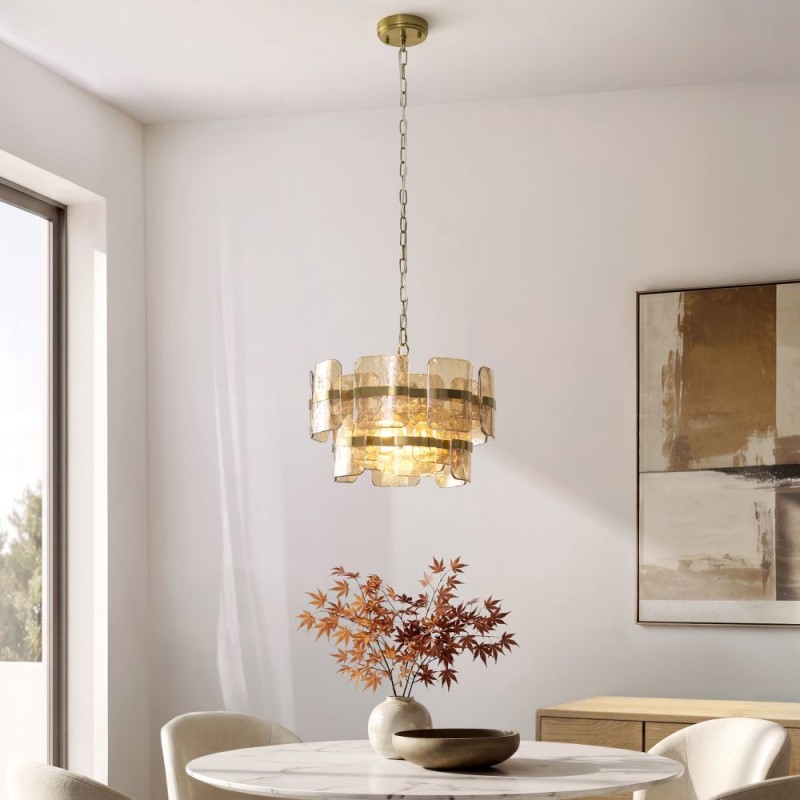 Endon-122776 - Ancara - Brushed Aged Brass 3 Light Centre Fitting with Champagne Textured Glass