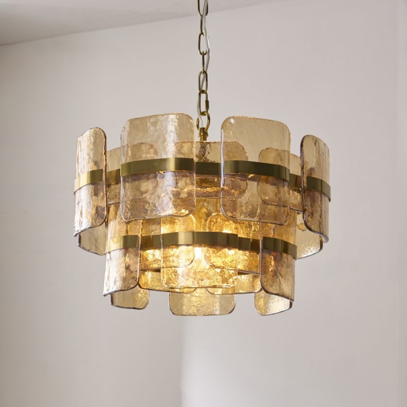 Endon-122776 - Ancara - Brushed Aged Brass 3 Light Centre Fitting with Champagne Textured Glass