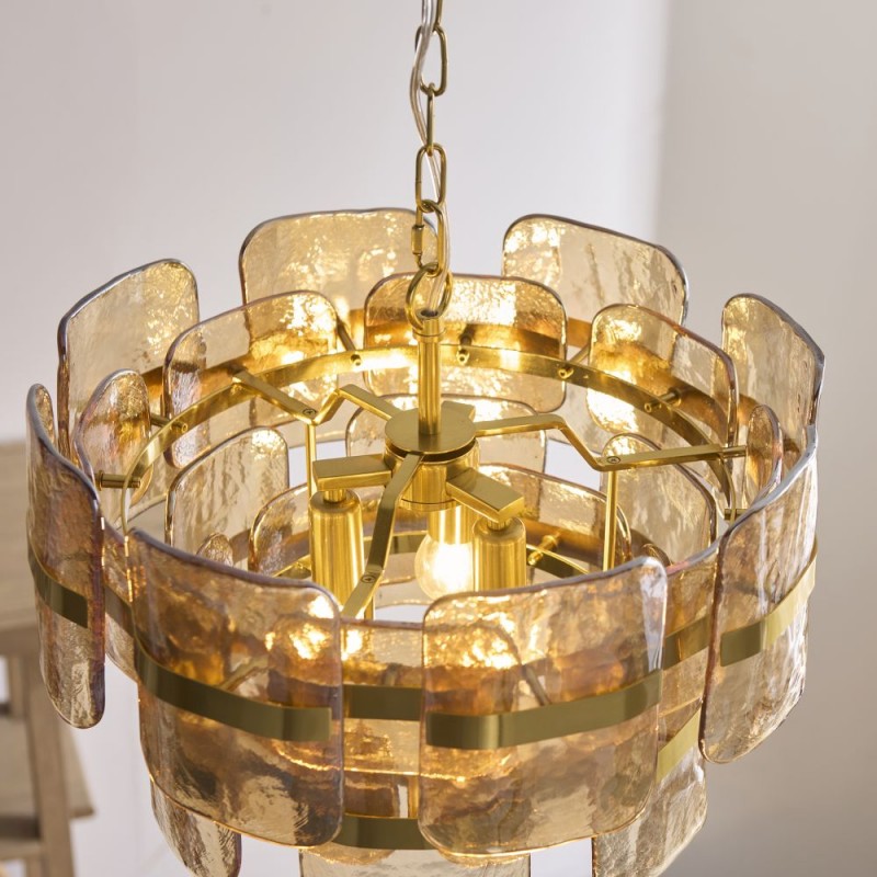 Endon-122776 - Ancara - Brushed Aged Brass 3 Light Centre Fitting with Champagne Textured Glass
