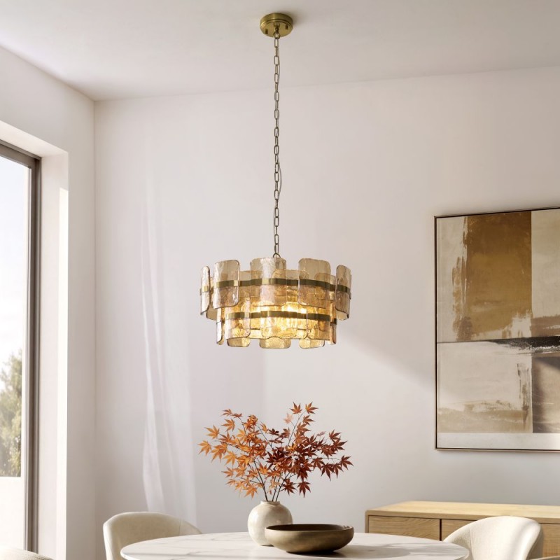 Endon-122777 - Ancara - Brushed Aged Brass 6 Light Centre Fitting with Champagne Textured Glass