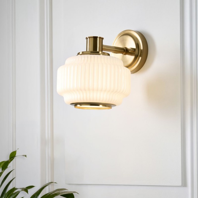 Endon-122784 - Evora - Brushed Aged Brass Wall Lamp with Opal Ribbed Glass