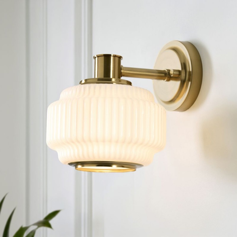 Endon-122784 - Evora - Brushed Aged Brass Wall Lamp with Opal Ribbed Glass