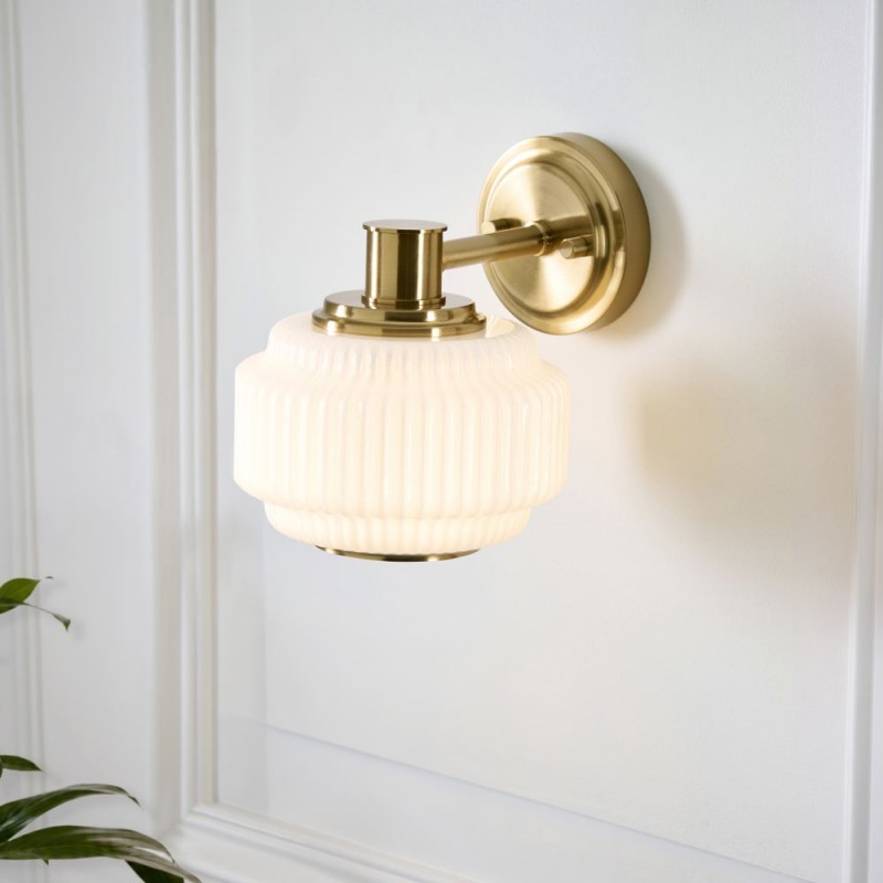 Endon-122784 - Evora - Brushed Aged Brass Wall Lamp with Opal Ribbed Glass