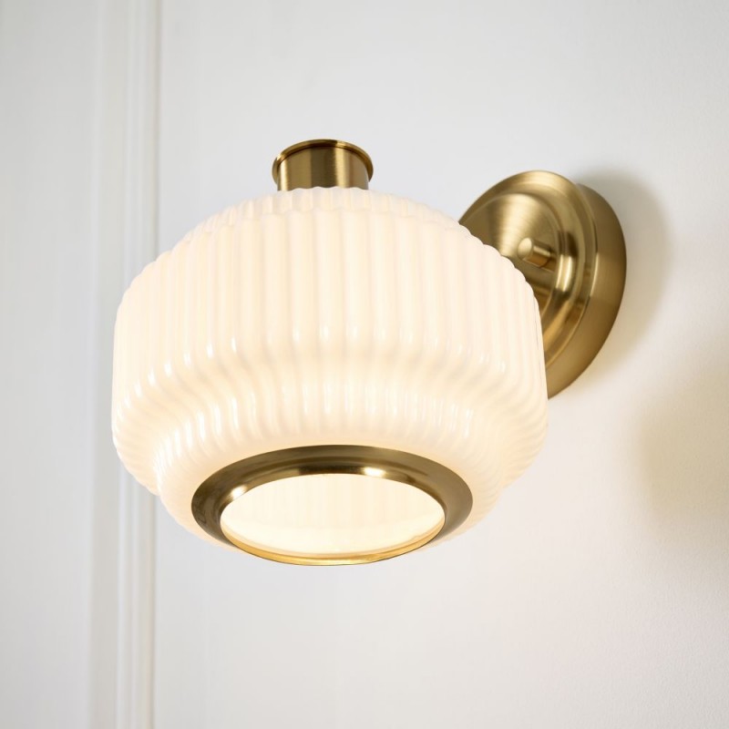 Endon-122784 - Evora - Brushed Aged Brass Wall Lamp with Opal Ribbed Glass