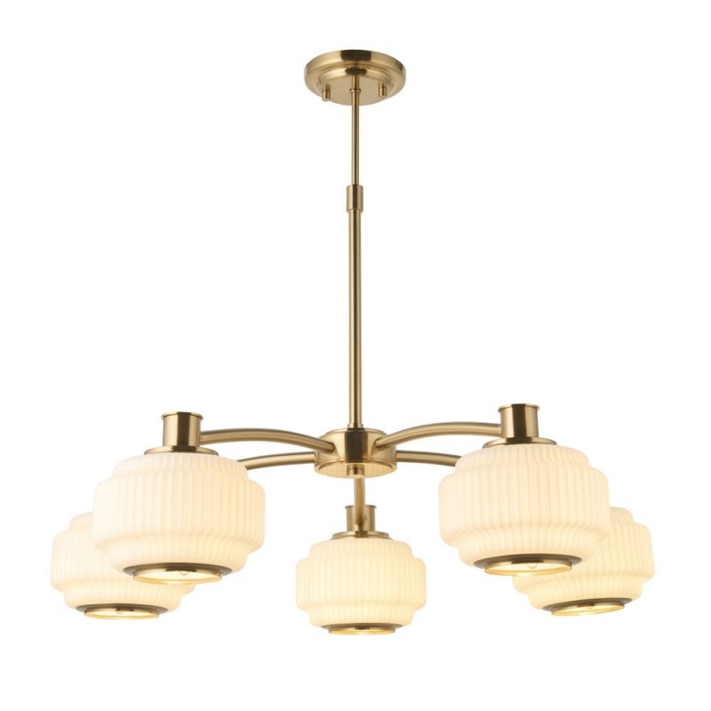 Endon-122785 - Evora - Brushed Aged Brass 5 Light Centre Fitting with Opal Ribbed Glass