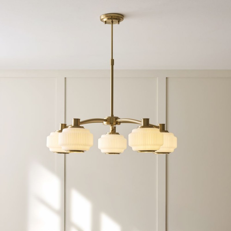 Endon-122785 - Evora - Brushed Aged Brass 5 Light Centre Fitting with Opal Ribbed Glass