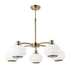 Evora - Brushed Aged Brass 5 Light Centre Fitting with Opal Ribbed Glass