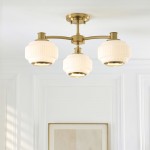 Evora - Brushed Aged Brass 3 Light Centre Fitting with Opal Ribbed Glass