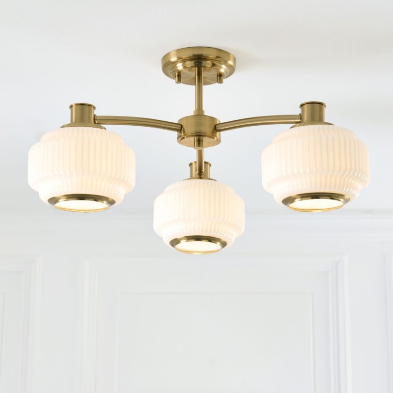 Endon-122786 - Evora - Brushed Aged Brass 3 Light Centre Fitting with Opal Ribbed Glass