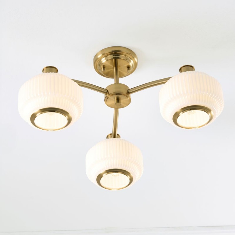 Endon-122786 - Evora - Brushed Aged Brass 3 Light Centre Fitting with Opal Ribbed Glass
