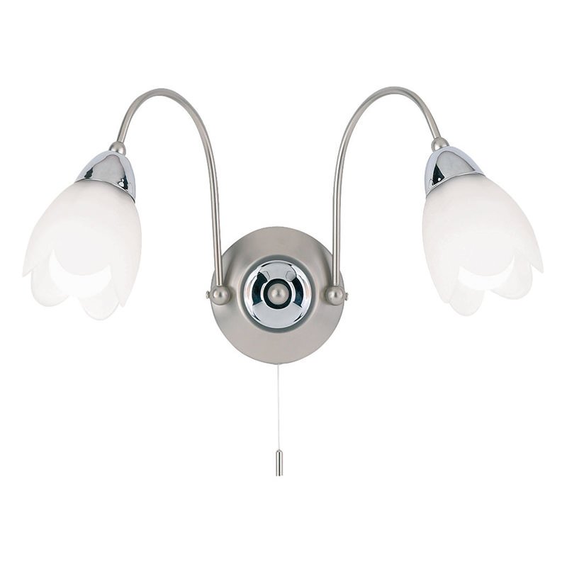 Wall Lights - Petal - Satin Chrome & Matt Opal Glass Twin Wall Lamp Endon-124-2 - Petal - Satin Chrome & Matt Opal Glass Twin Wall Lamp