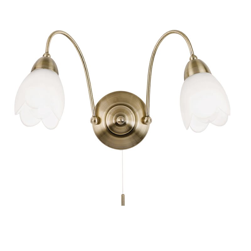 Wall Lights - Petal - Antique Brass & Matt Opal Glass Twin Wall Lamp Endon-124-2WBAB - Petal - Antique Brass & Matt Opal Glass Twin Wall Lamp