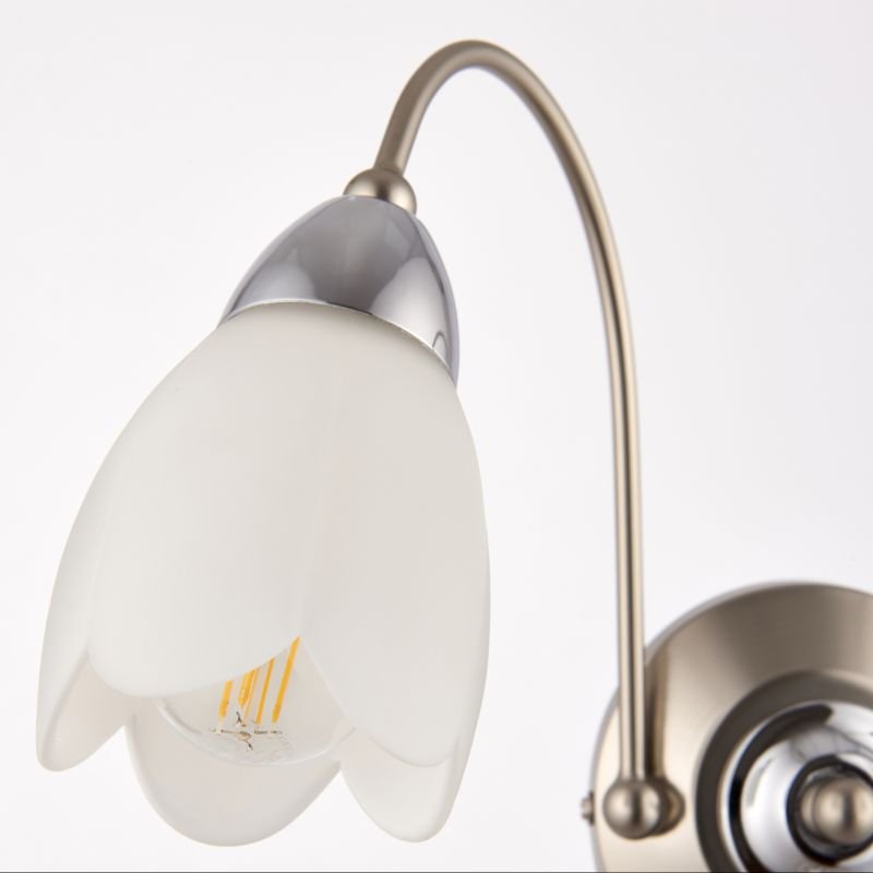 Wall Lights - Petal - Satin Chrome & Matt Opal Glass Twin Wall Lamp Endon-124-2 - Petal - Satin Chrome & Matt Opal Glass Twin Wall Lamp