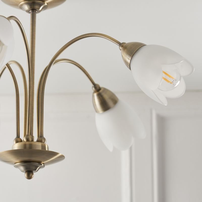 Ceiling Lights - Petal - Antique Brass & Opal Glass 5 Light Centre Fitting Endon-124-5AB - Petal - Antique Brass & Opal Glass 5 Light Centre Fitting
