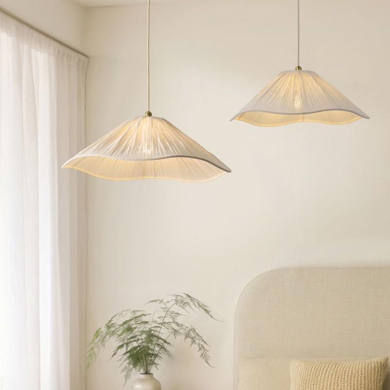 Endon-124380 - Isabella Grand - Brushed Aged Brass Pendant with Vintage White Gathered Scalloped Edge Shade