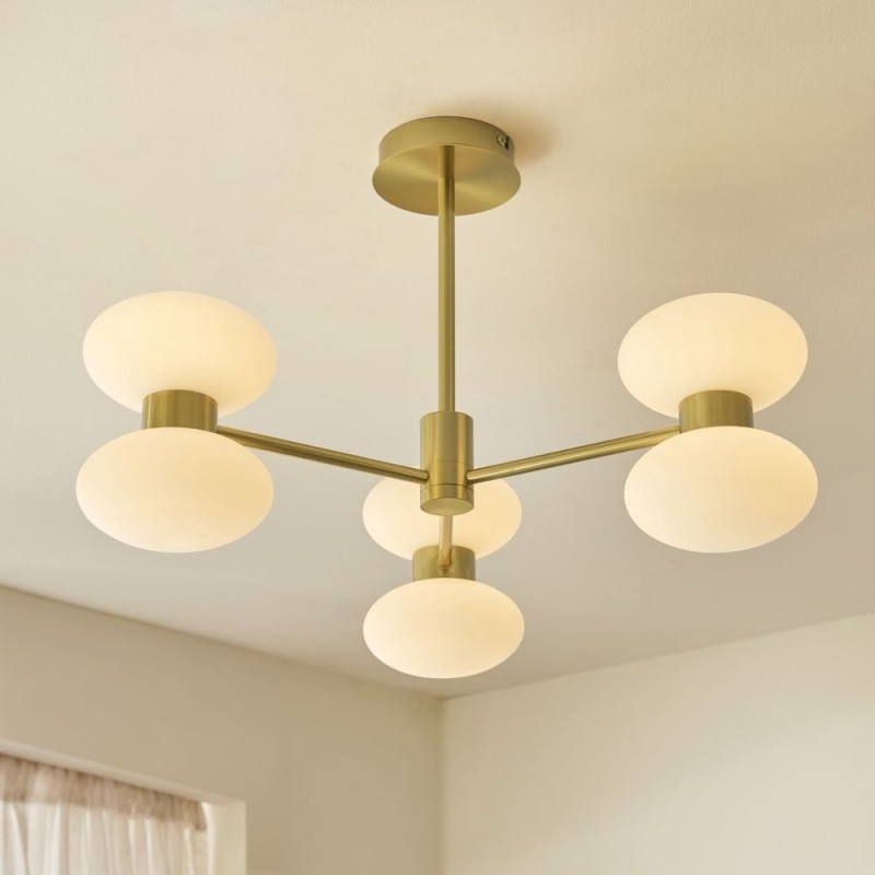 Endon-124813 - Rossano - Warm Brass 6 Light Semi Flush with Opal Glass