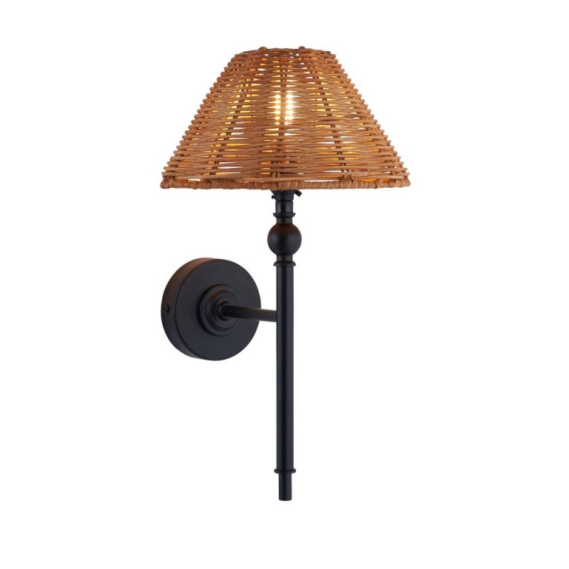 Endon-125439 - Jericho - Matt Black Wall Lamp with Brown Rattan