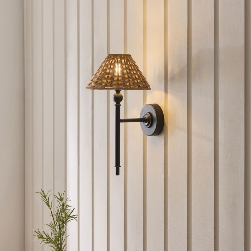 Endon-125439 - Jericho - Matt Black Wall Lamp with Brown Rattan
