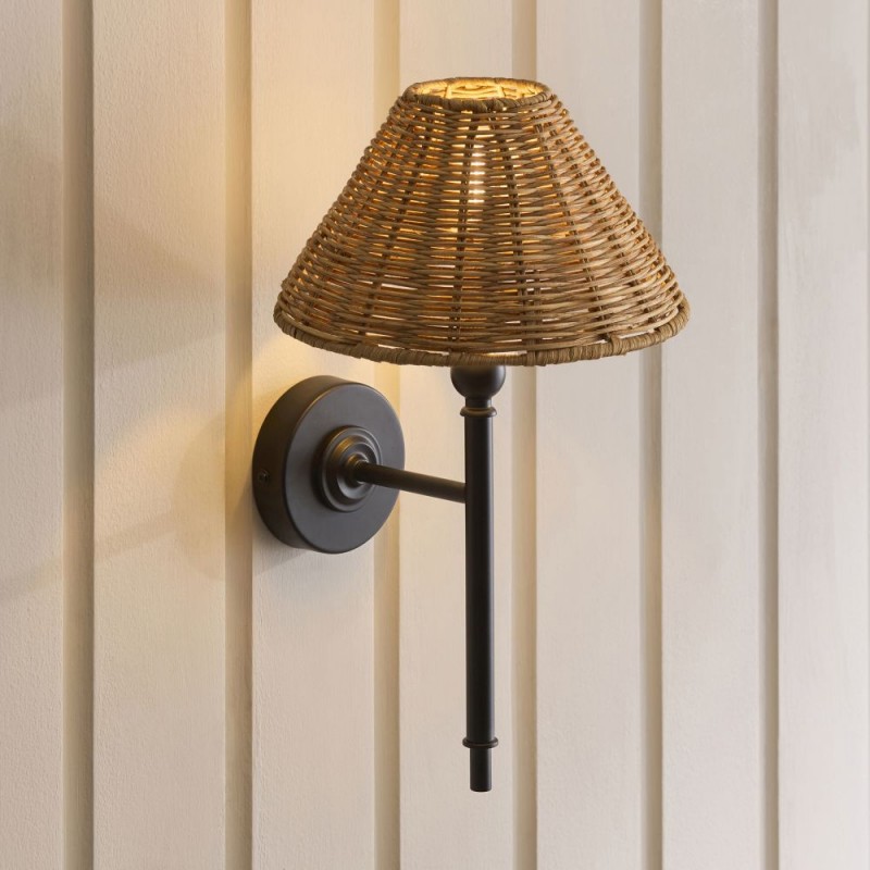 Endon-125439 - Jericho - Matt Black Wall Lamp with Brown Rattan
