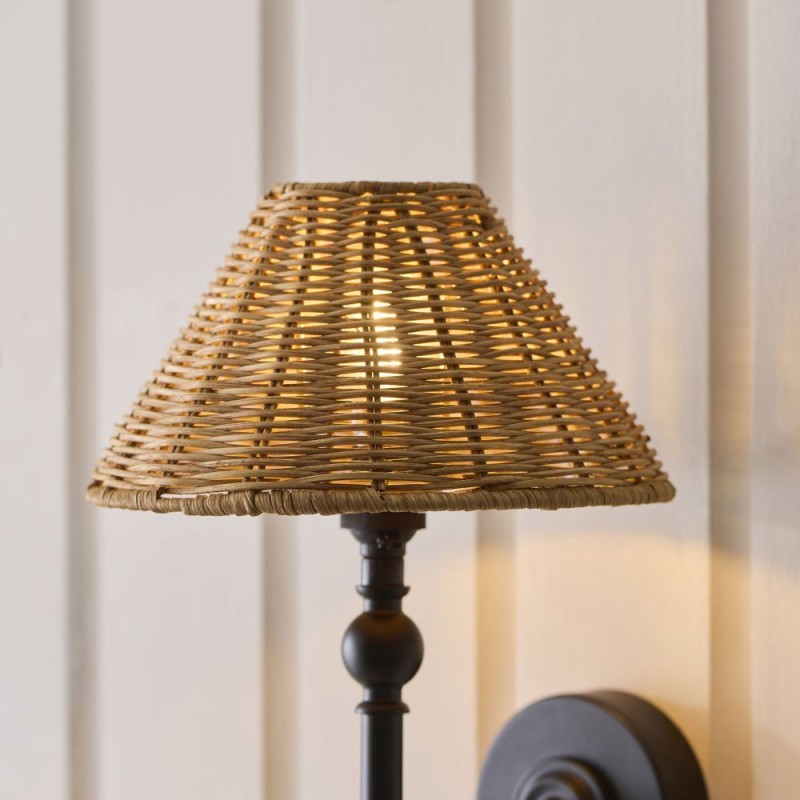 Endon-125439 - Jericho - Matt Black Wall Lamp with Brown Rattan