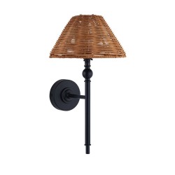 Jericho - Matt Black Wall Lamp with Brown Rattan