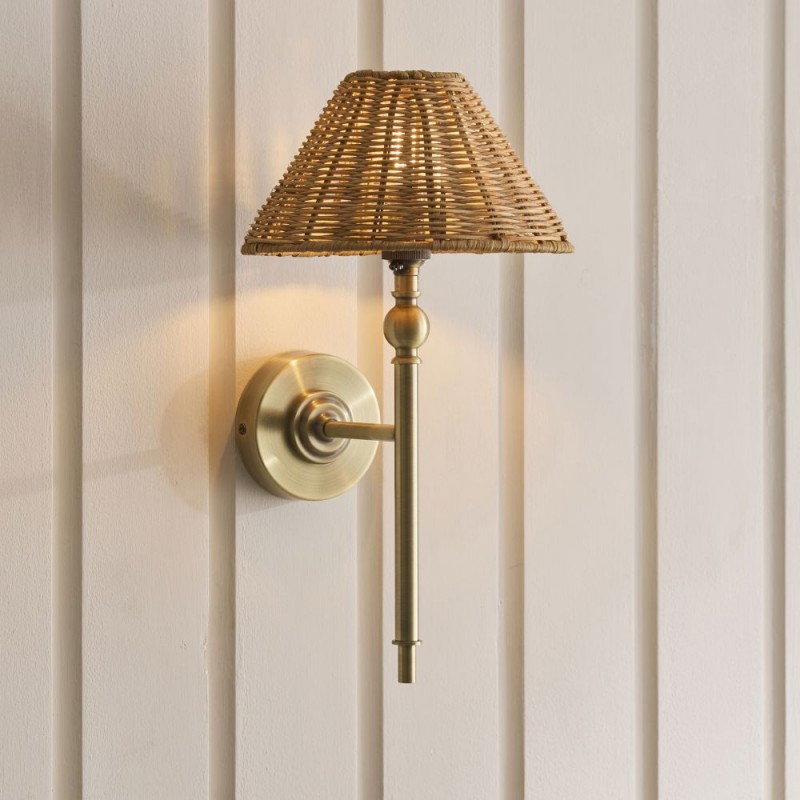Endon-125440 - Jericho - Antique Brass Wall Lamp with Brown Rattan