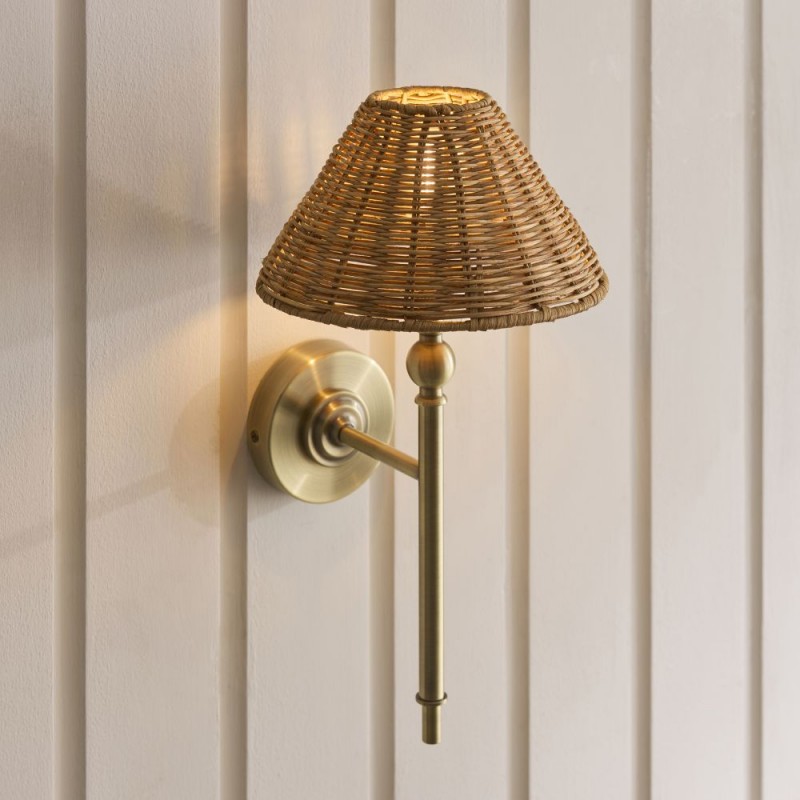 Endon-125440 - Jericho - Antique Brass Wall Lamp with Brown Rattan