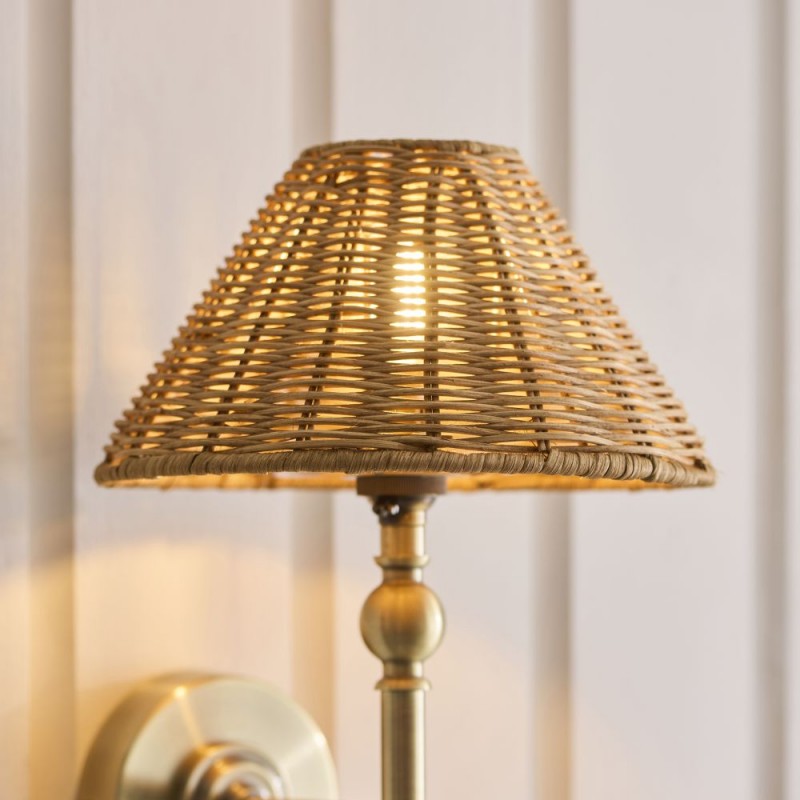 Endon-125440 - Jericho - Antique Brass Wall Lamp with Brown Rattan