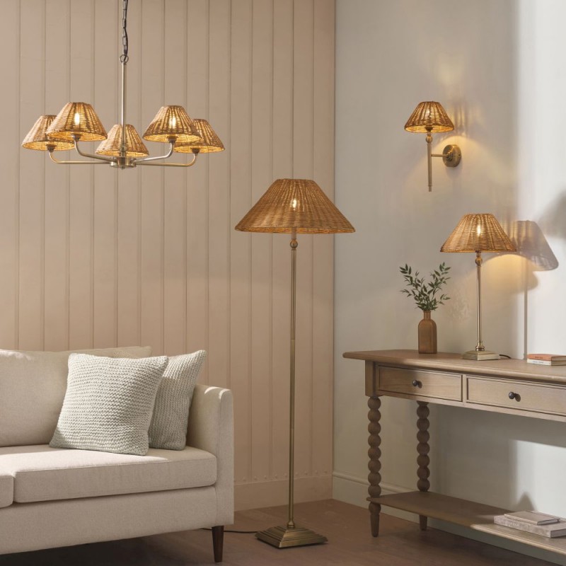 Endon-125440 - Jericho - Antique Brass Wall Lamp with Brown Rattan