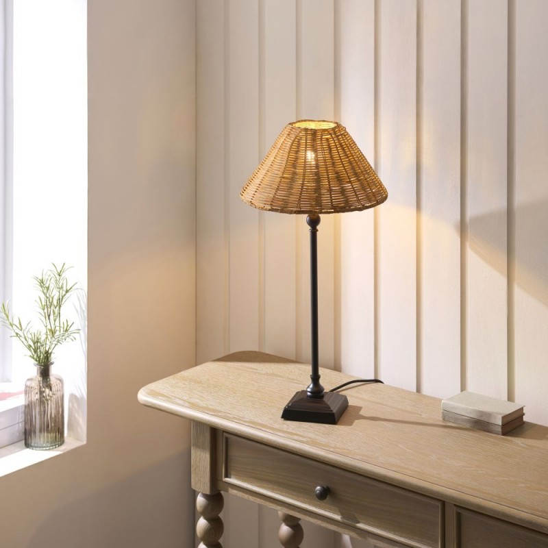Endon-125441 - Jericho - Matt Black Table Lamp with Brown Rattan