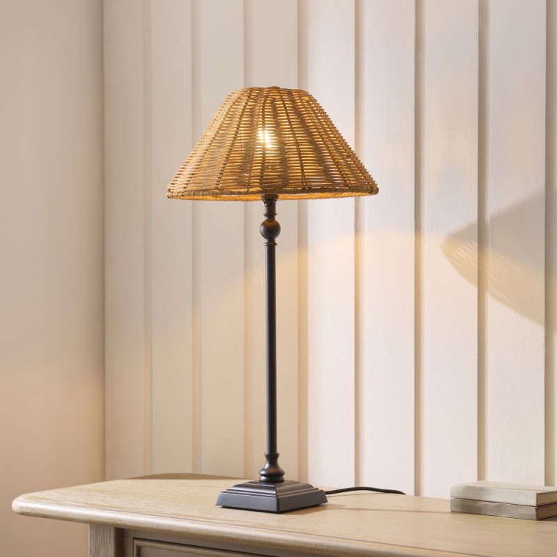 Endon-125441 - Jericho - Matt Black Table Lamp with Brown Rattan
