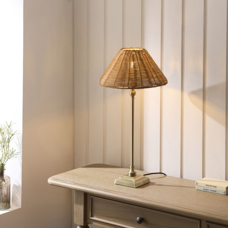 Endon-125442 - Jericho - Antique Brass Table Lamp with Brown Rattan